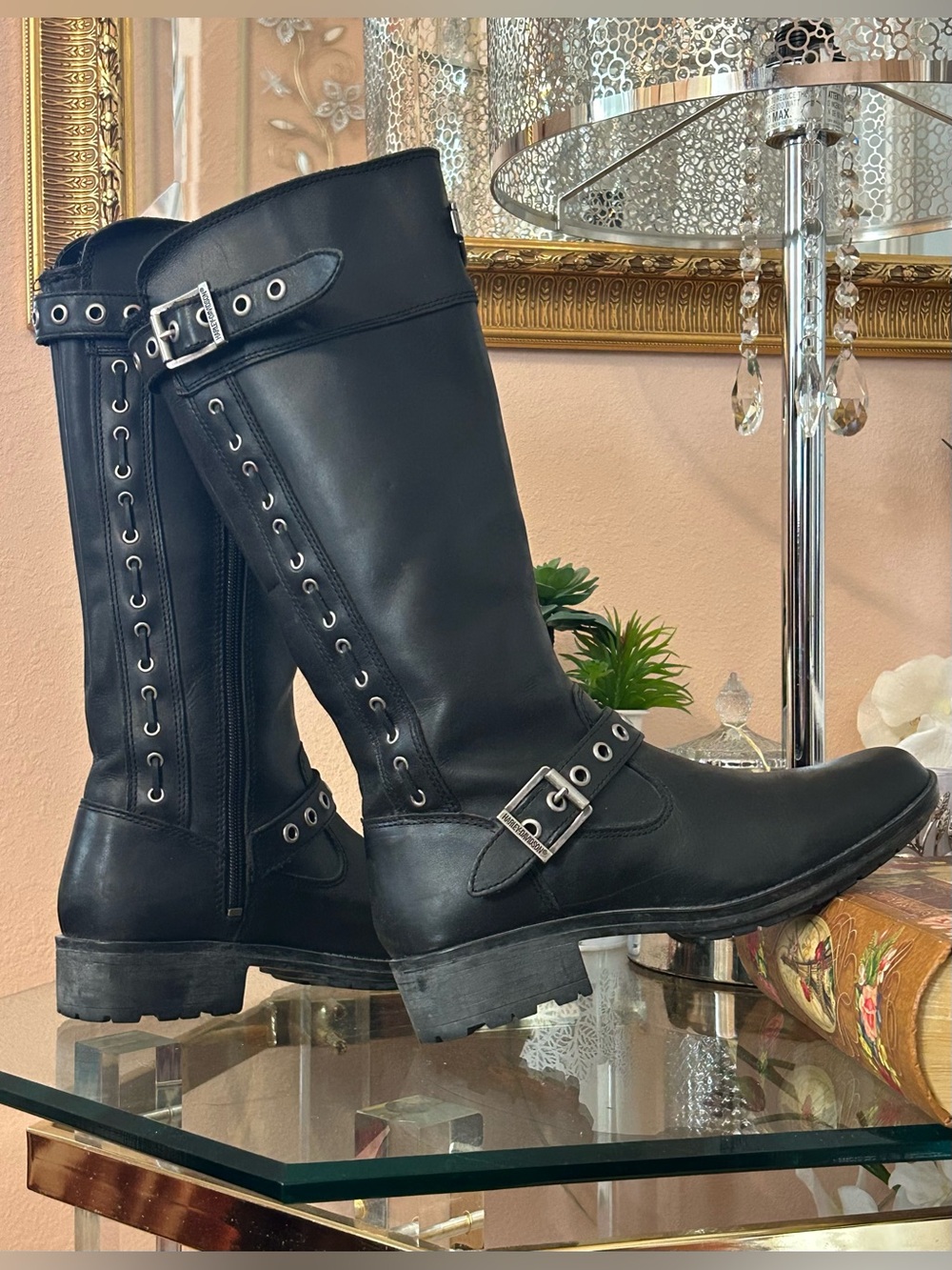 Harley-Davidson Annandale Black Leather Mid-Rise Biker Moto Riding Boots Size 8
